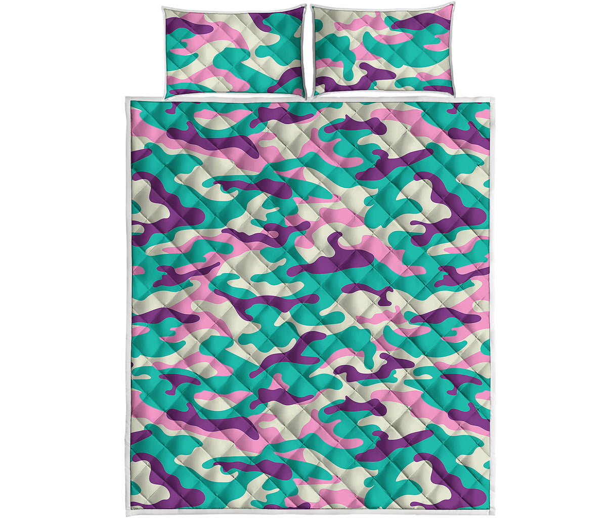 Pastel Teal And Purple Camouflage Print Quilt Bed Set