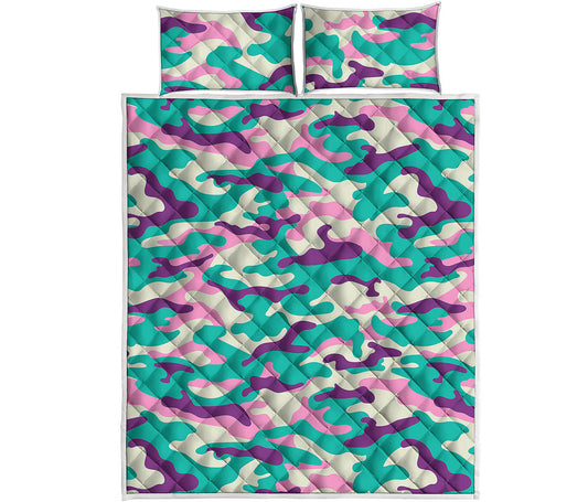 Pastel Teal And Purple Camouflage Print Quilt Bed Set