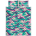 Pastel Teal And Purple Camouflage Print Quilt Bed Set