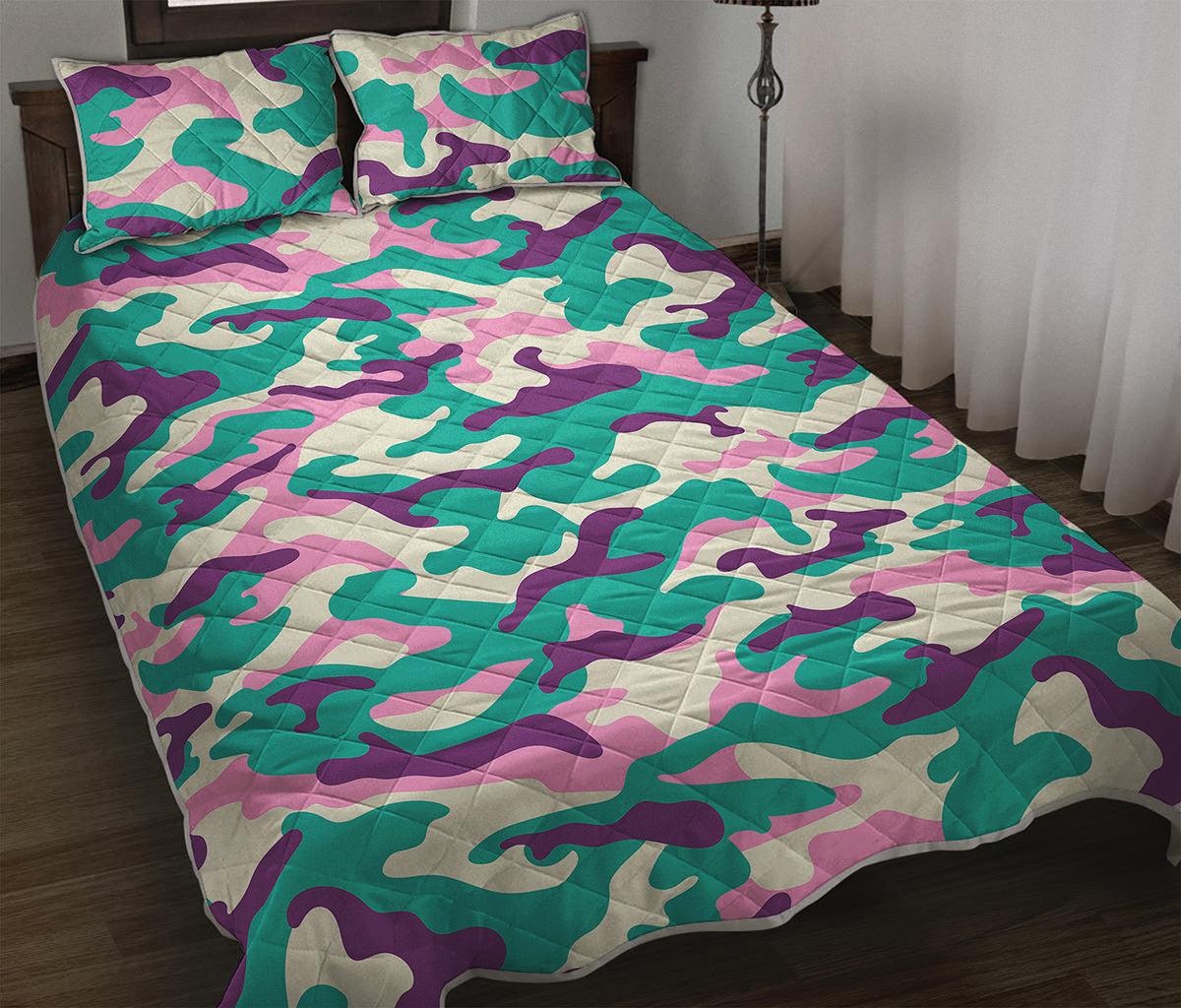Pastel Teal And Purple Camouflage Print Quilt Bed Set