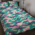 Pastel Teal And Purple Camouflage Print Quilt Bed Set