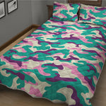 Pastel Teal And Purple Camouflage Print Quilt Bed Set