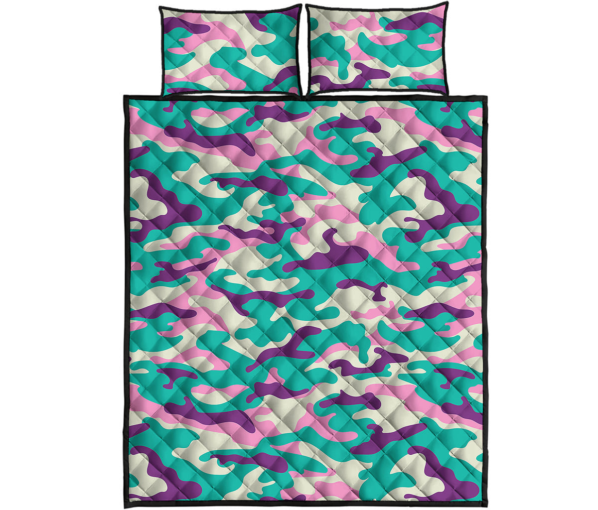 Pastel Teal And Purple Camouflage Print Quilt Bed Set