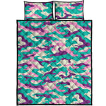 Pastel Teal And Purple Camouflage Print Quilt Bed Set