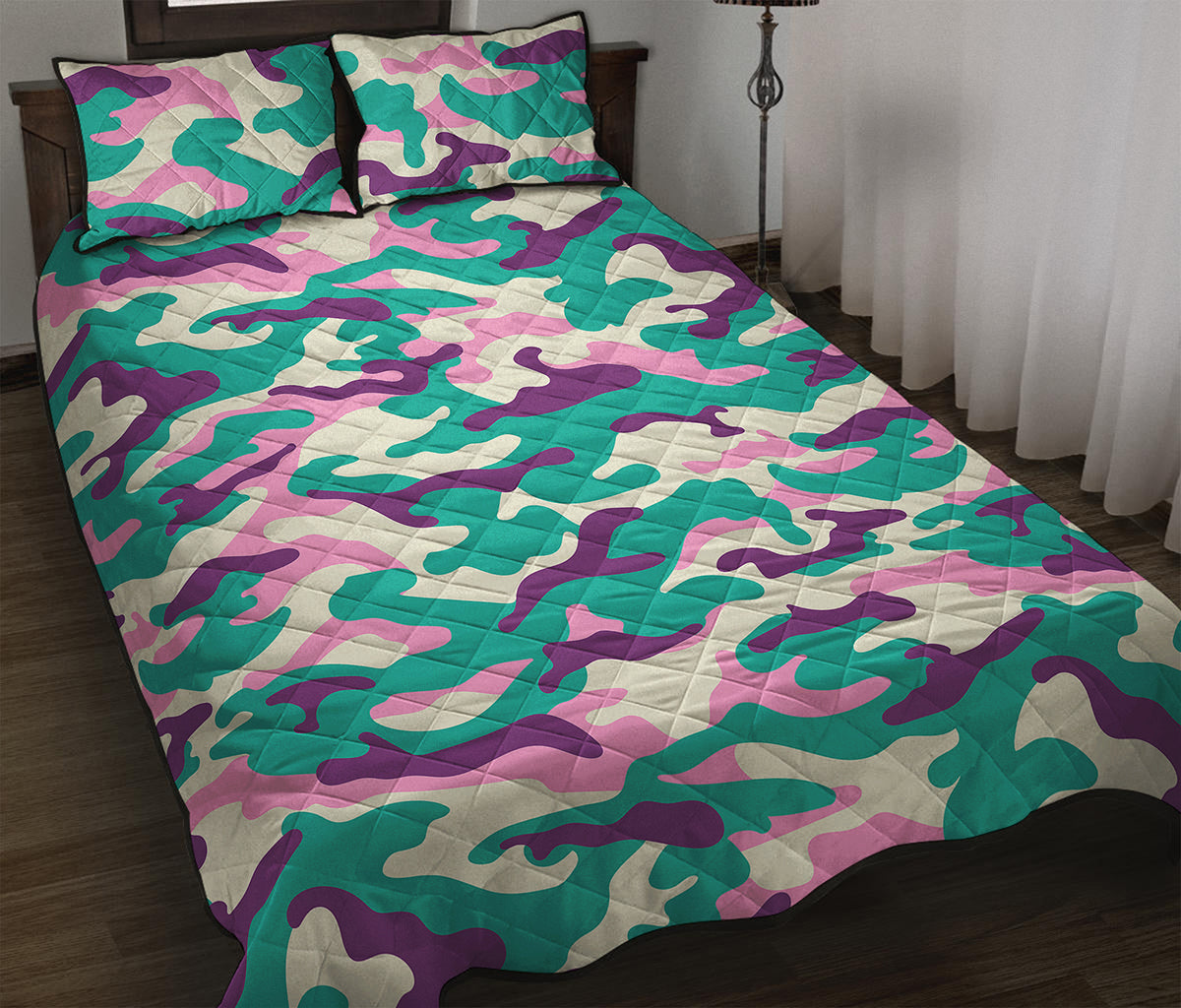 Pastel Teal And Purple Camouflage Print Quilt Bed Set