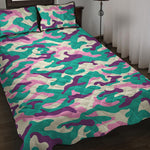 Pastel Teal And Purple Camouflage Print Quilt Bed Set