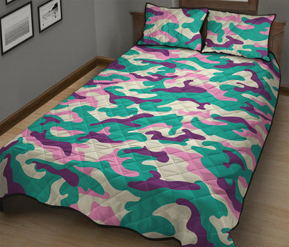 Pastel Teal And Purple Camouflage Print Quilt Bed Set