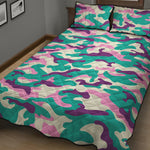 Pastel Teal And Purple Camouflage Print Quilt Bed Set
