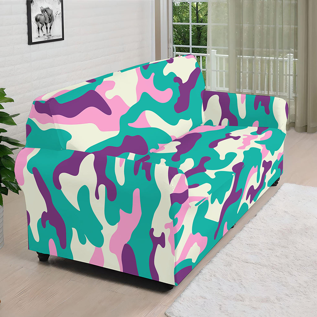 Pastel Teal And Purple Camouflage Print Sofa Cover