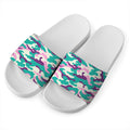 Pastel Teal And Purple Camouflage Print White Slide Sandals