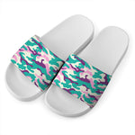 Pastel Teal And Purple Camouflage Print White Slide Sandals