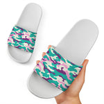 Pastel Teal And Purple Camouflage Print White Slide Sandals
