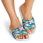 Pastel Teal And Purple Camouflage Print White Slide Sandals