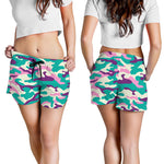 Pastel Teal And Purple Camouflage Print Women's Shorts