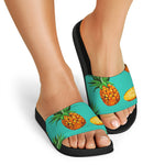 Pastel Turquoise Pineapple Pattern Print Black Slide Sandals