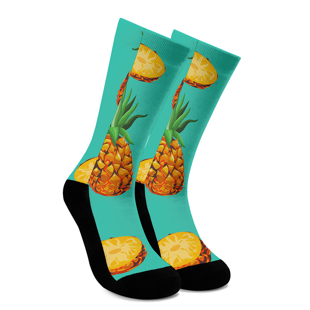 Pastel Turquoise Pineapple Pattern Print Crew Socks