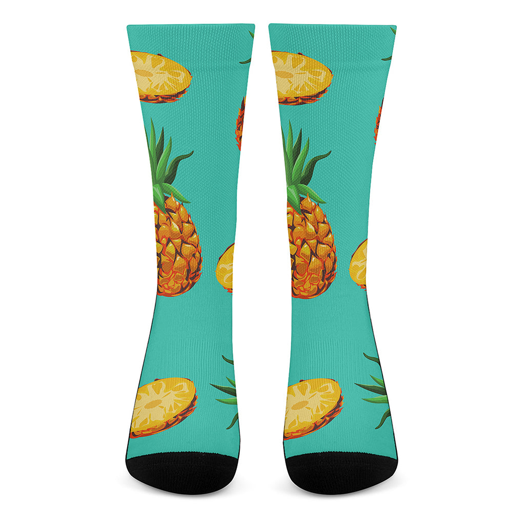 Pastel Turquoise Pineapple Pattern Print Crew Socks