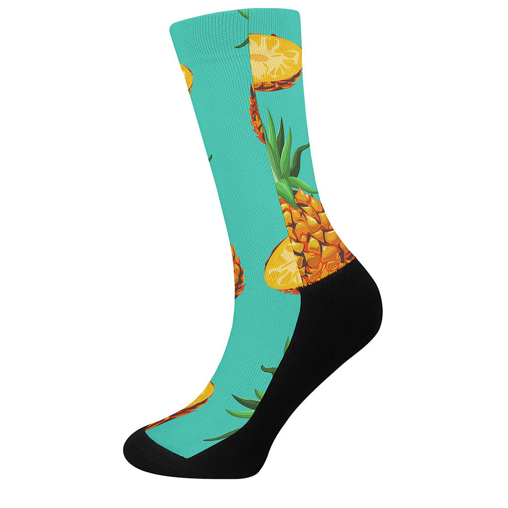 Pastel Turquoise Pineapple Pattern Print Crew Socks