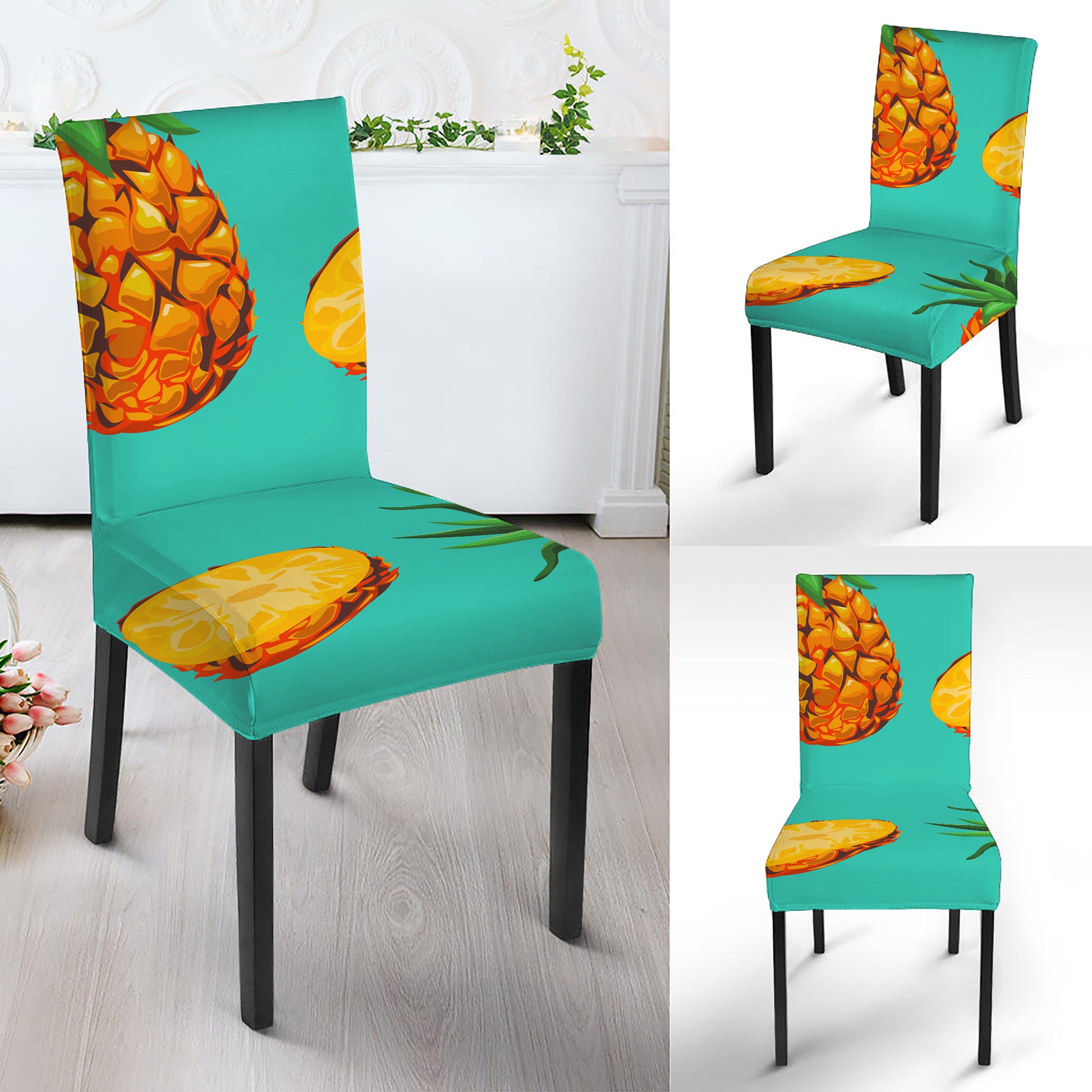 Pastel Turquoise Pineapple Pattern Print Dining Chair Slipcover