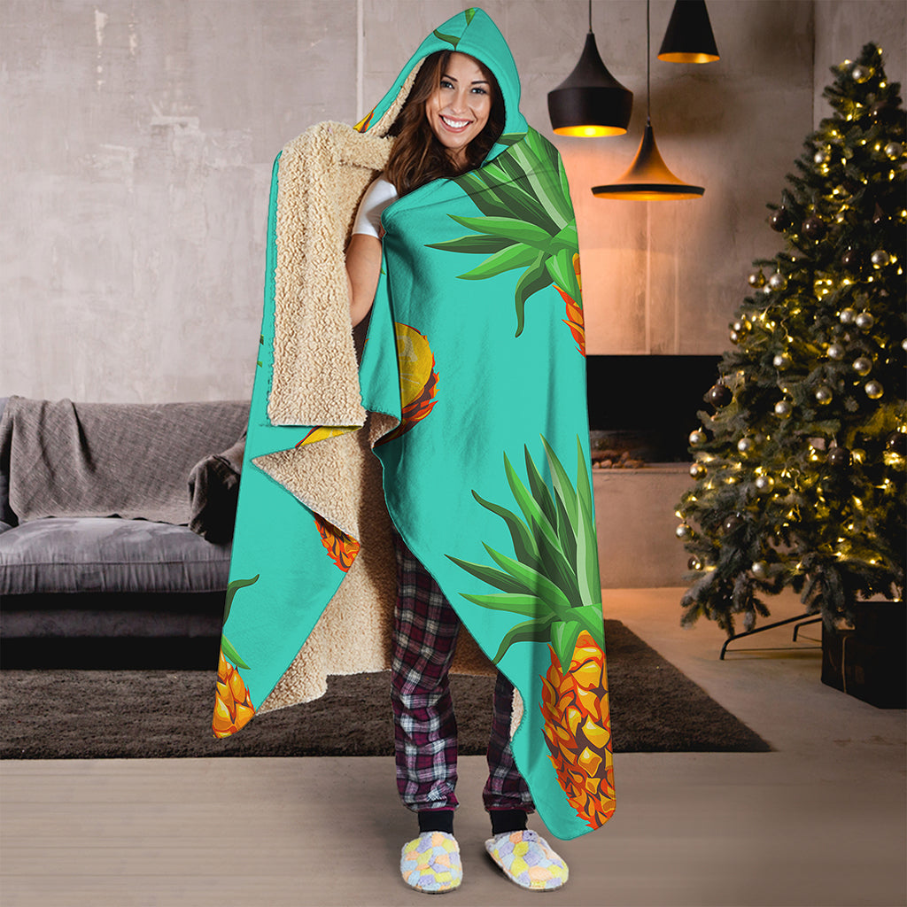 Pastel Turquoise Pineapple Pattern Print Hooded Blanket
