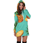 Pastel Turquoise Pineapple Pattern Print Hoodie Dress GearFrost