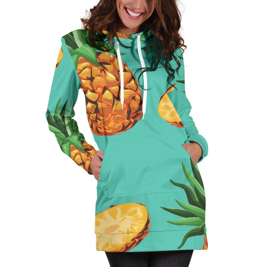 Pastel Turquoise Pineapple Pattern Print Hoodie Dress GearFrost