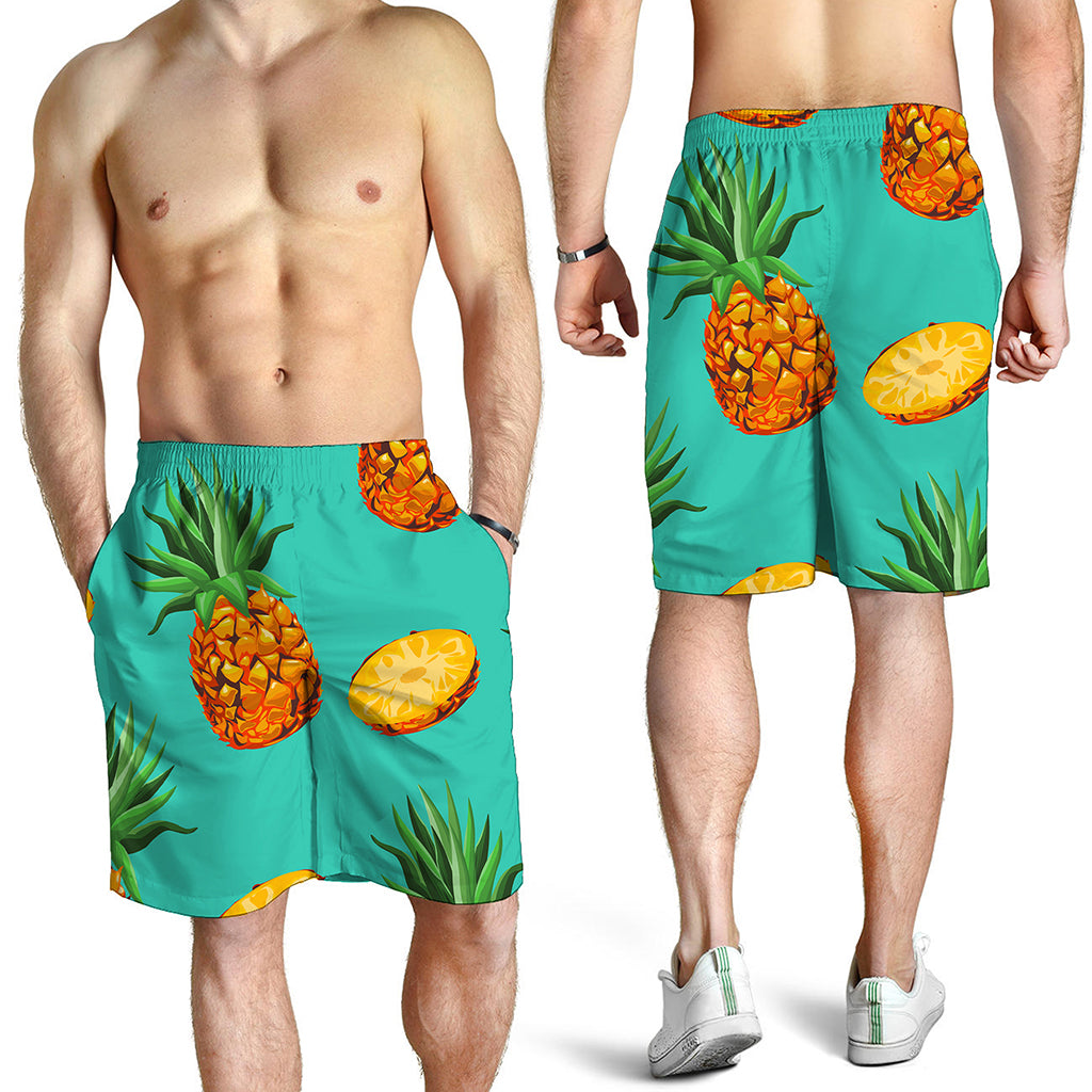Pastel Turquoise Pineapple Pattern Print Men's Shorts