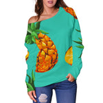 Pastel Turquoise Pineapple Pattern Print Off Shoulder Sweatshirt GearFrost