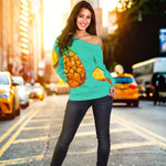 Pastel Turquoise Pineapple Pattern Print Off Shoulder Sweatshirt GearFrost