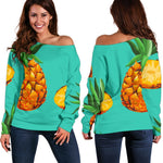 Pastel Turquoise Pineapple Pattern Print Off Shoulder Sweatshirt GearFrost