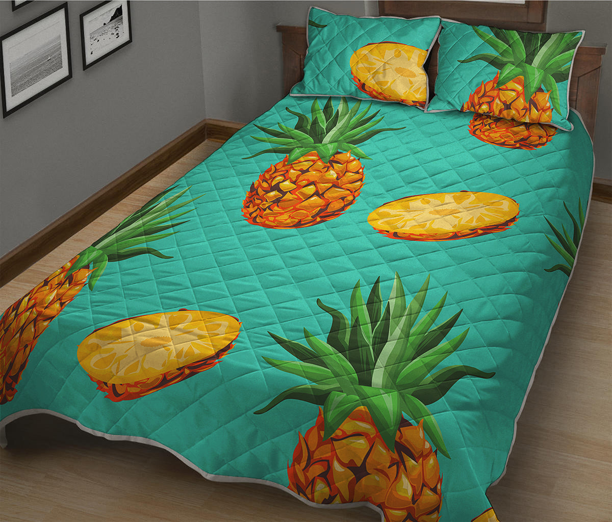 Pastel Turquoise Pineapple Pattern Print Quilt Bed Set