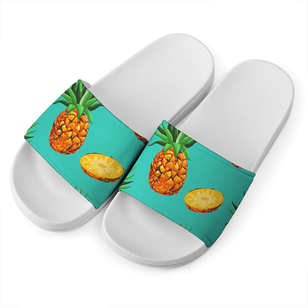 Pastel Turquoise Pineapple Pattern Print White Slide Sandals