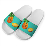 Pastel Turquoise Pineapple Pattern Print White Slide Sandals
