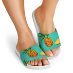Pastel Turquoise Pineapple Pattern Print White Slide Sandals