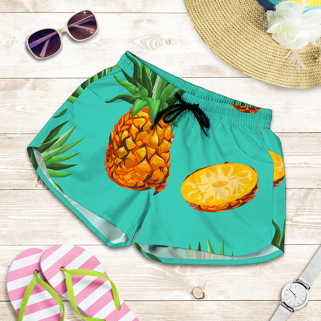 Pastel Turquoise Pineapple Pattern Print Women's Shorts