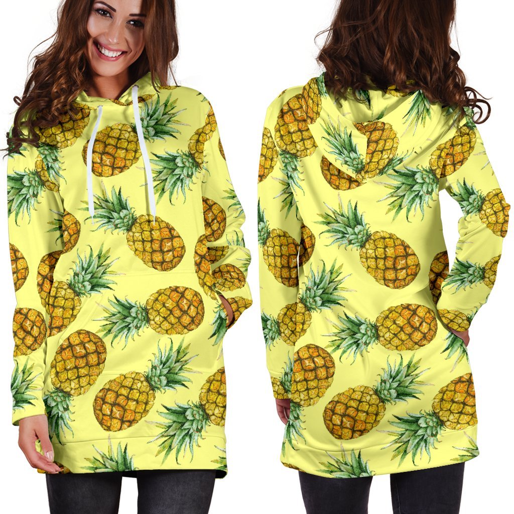 Pastel Yellow Pineapple Pattern Print Hoodie Dress GearFrost