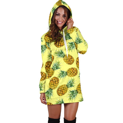 Pastel Yellow Pineapple Pattern Print Hoodie Dress GearFrost