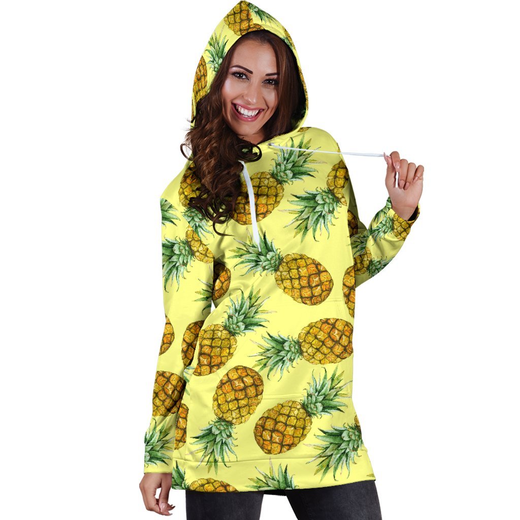 Pastel Yellow Pineapple Pattern Print Hoodie Dress GearFrost