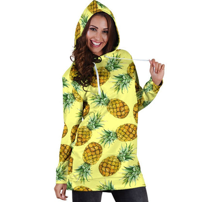 Pastel Yellow Pineapple Pattern Print Hoodie Dress GearFrost