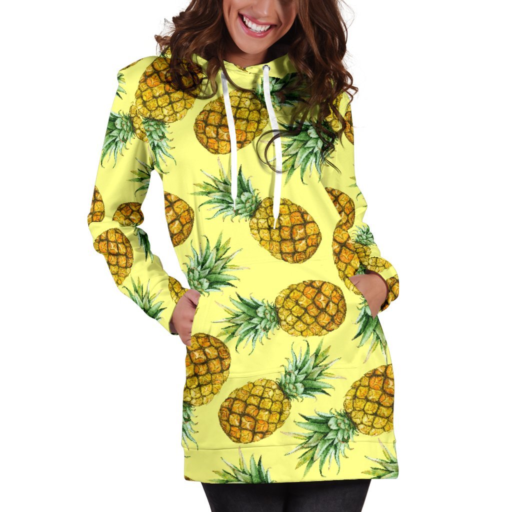 Pastel Yellow Pineapple Pattern Print Hoodie Dress GearFrost