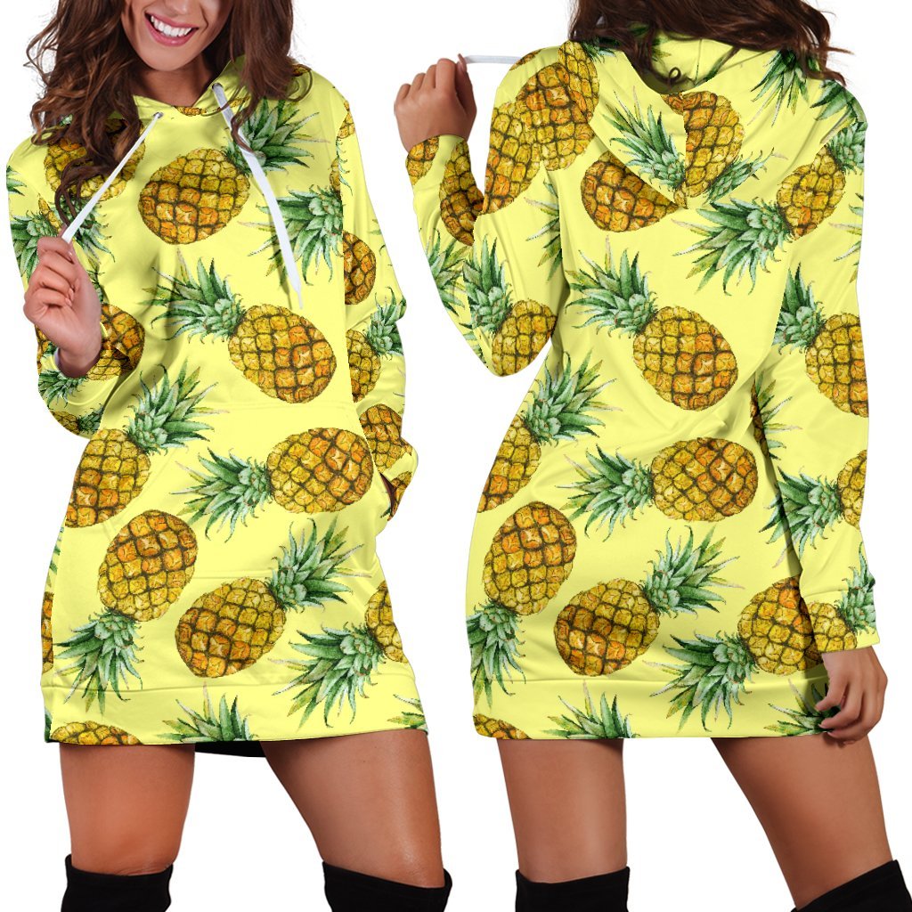 Pastel Yellow Pineapple Pattern Print Hoodie Dress GearFrost