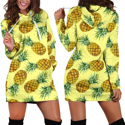 Pastel Yellow Pineapple Pattern Print Hoodie Dress GearFrost