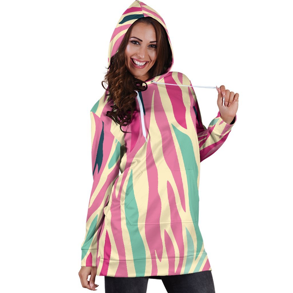 Pastel Zebra Pattern Print Hoodie Dress GearFrost