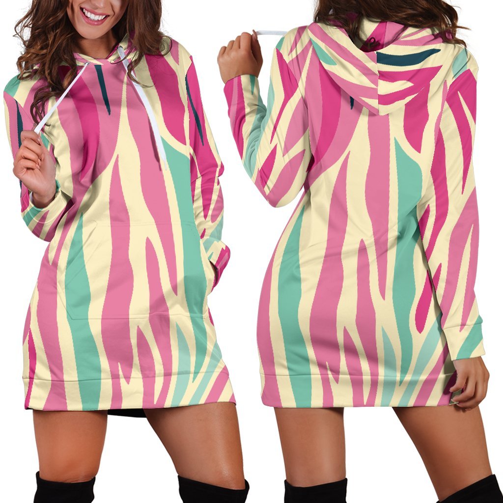 Pastel Zebra Pattern Print Hoodie Dress GearFrost