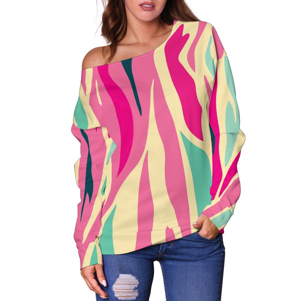 Pastel Zebra Pattern Print Off Shoulder Sweatshirt GearFrost