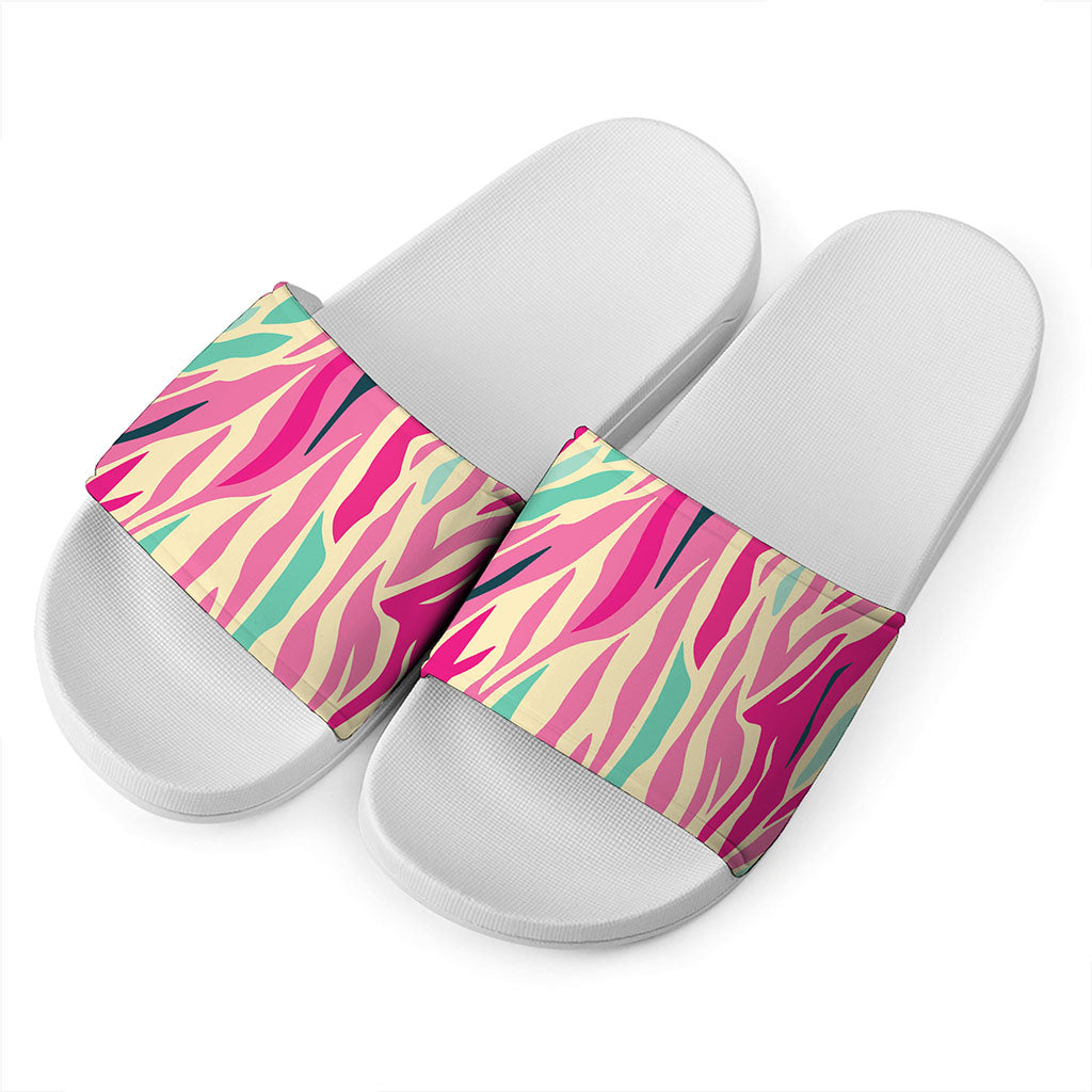 Pastel Zebra Pattern Print White Slide Sandals