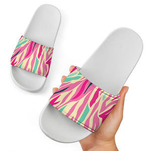 Pastel Zebra Pattern Print White Slide Sandals