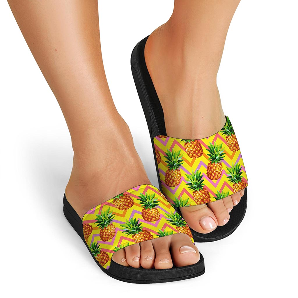 Pastel Zig Zag Pineapple Pattern Print Black Slide Sandals