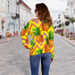 Pastel Zig Zag Pineapple Pattern Print Off Shoulder Sweatshirt GearFrost