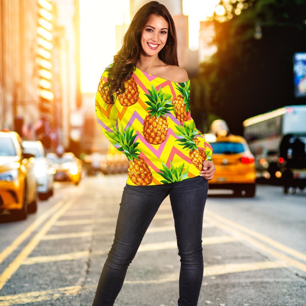 Pastel Zig Zag Pineapple Pattern Print Off Shoulder Sweatshirt GearFrost